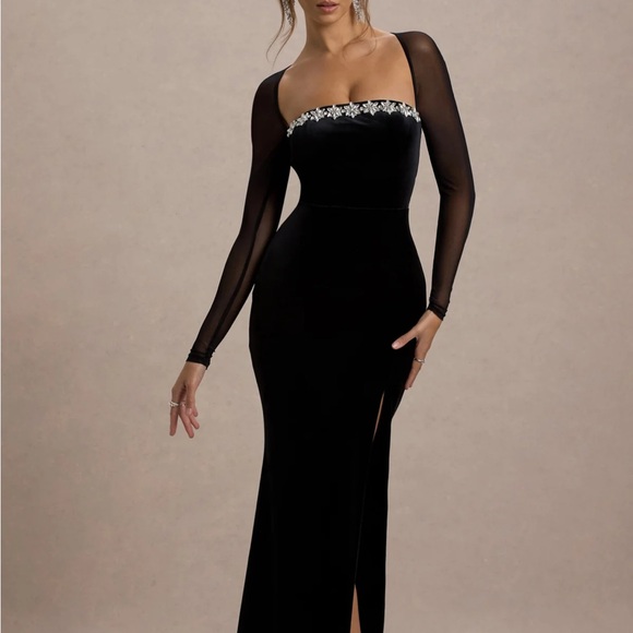 Club L London Dresses & Skirts - Club L London Black Long Sleeve Mesh Evening Gown with Embellished Bandeau